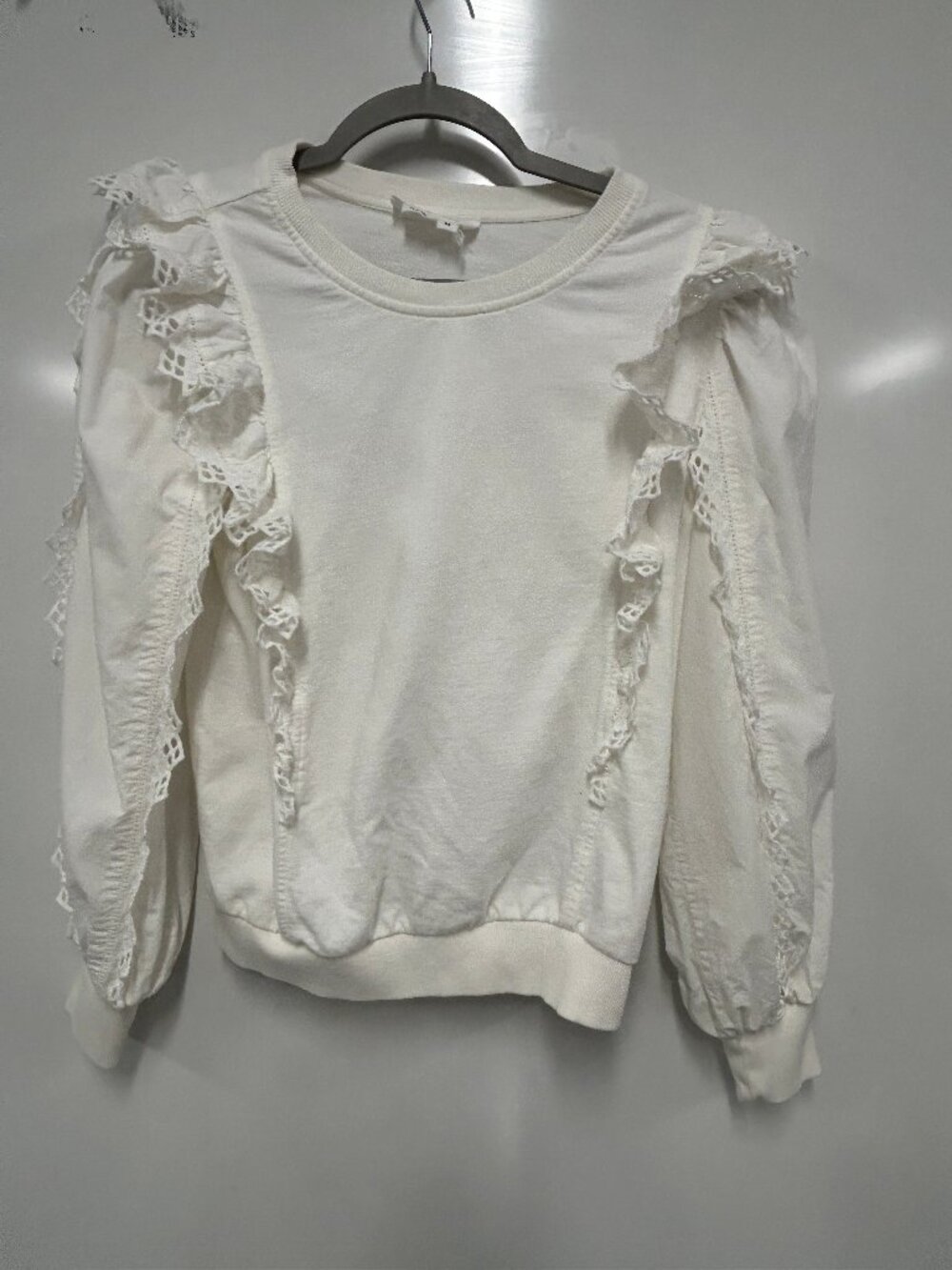 Anthropologie XS Ivory Ruffle Lace Sleeve Sweatshirt Boho Romantic Cottagecore